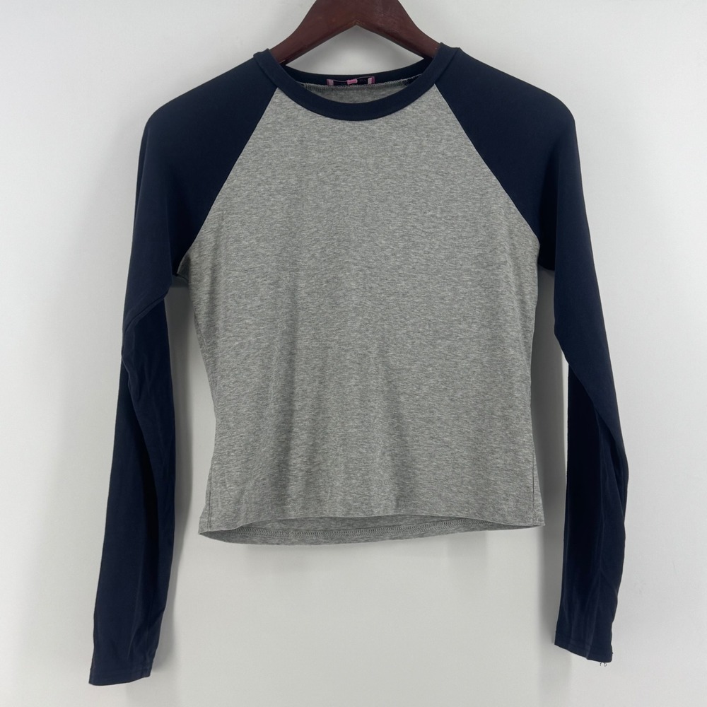 Edikted Womens Gray Navy Blue Long Sleeve Raglan Baseball Tee Shirt Size Medium
